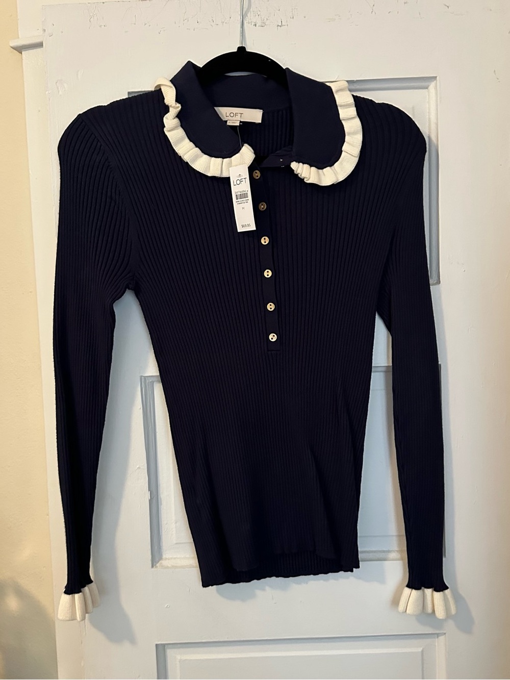 LOFT Navy Ribbed Long-Sleeve Top with Cream Ruffle Collar gold buttons